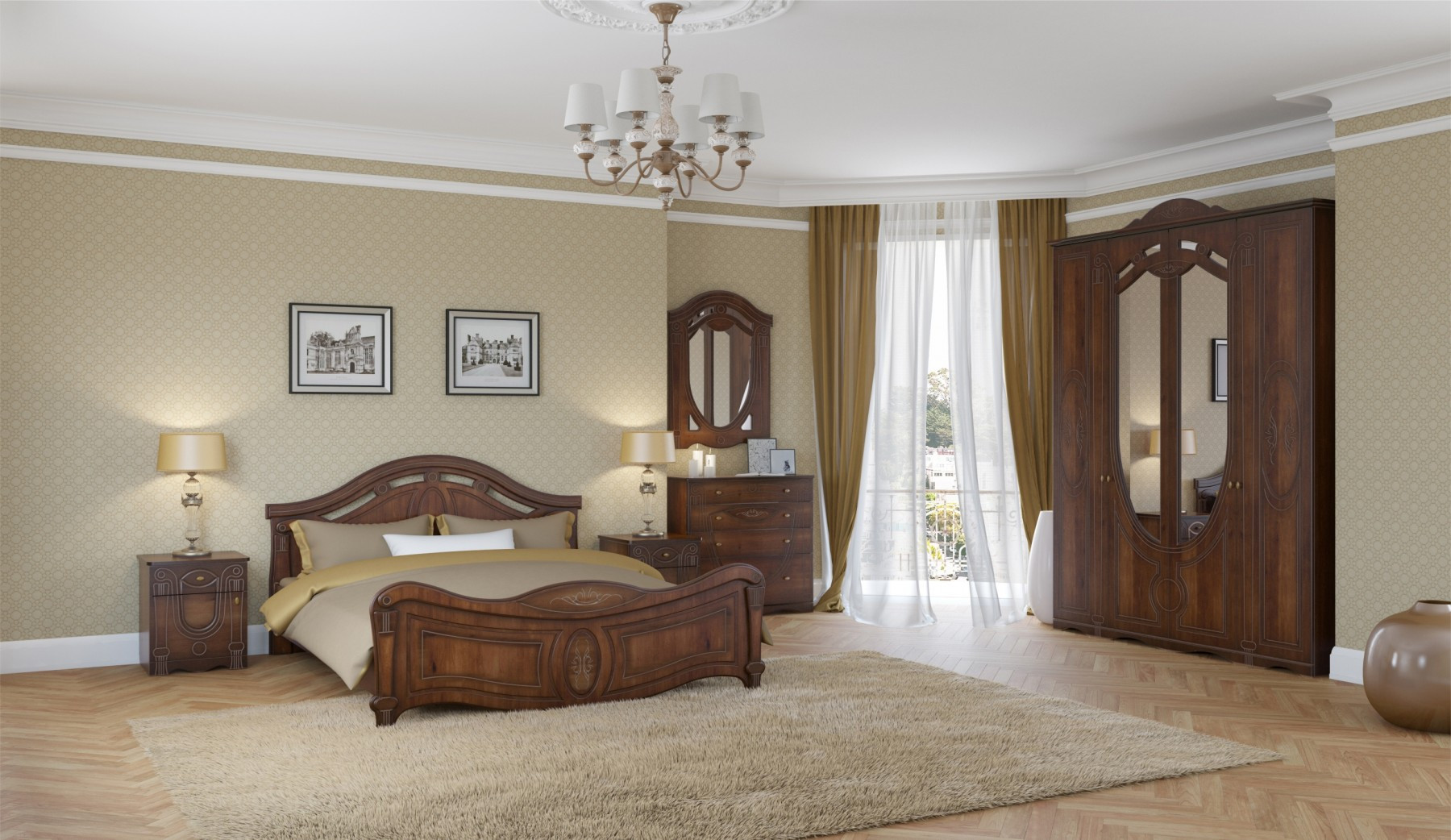 Спальный Гарнитур Александрина Орех Экко/Патина Золото
