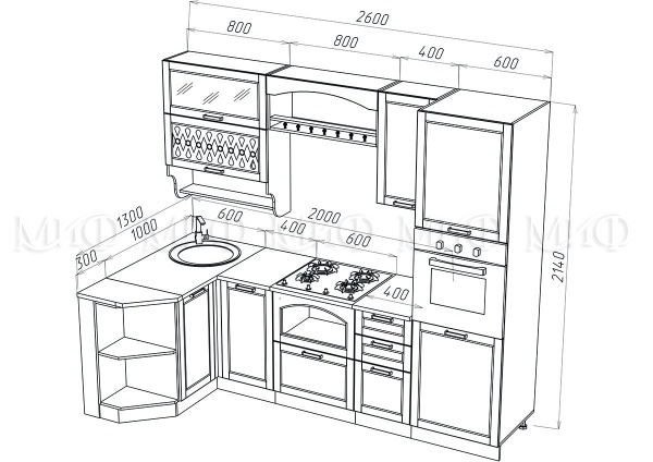 Кухонный Гарнитур Милан Угловой NEW МДФ 1300 x 2600 мм/Разные Цвета